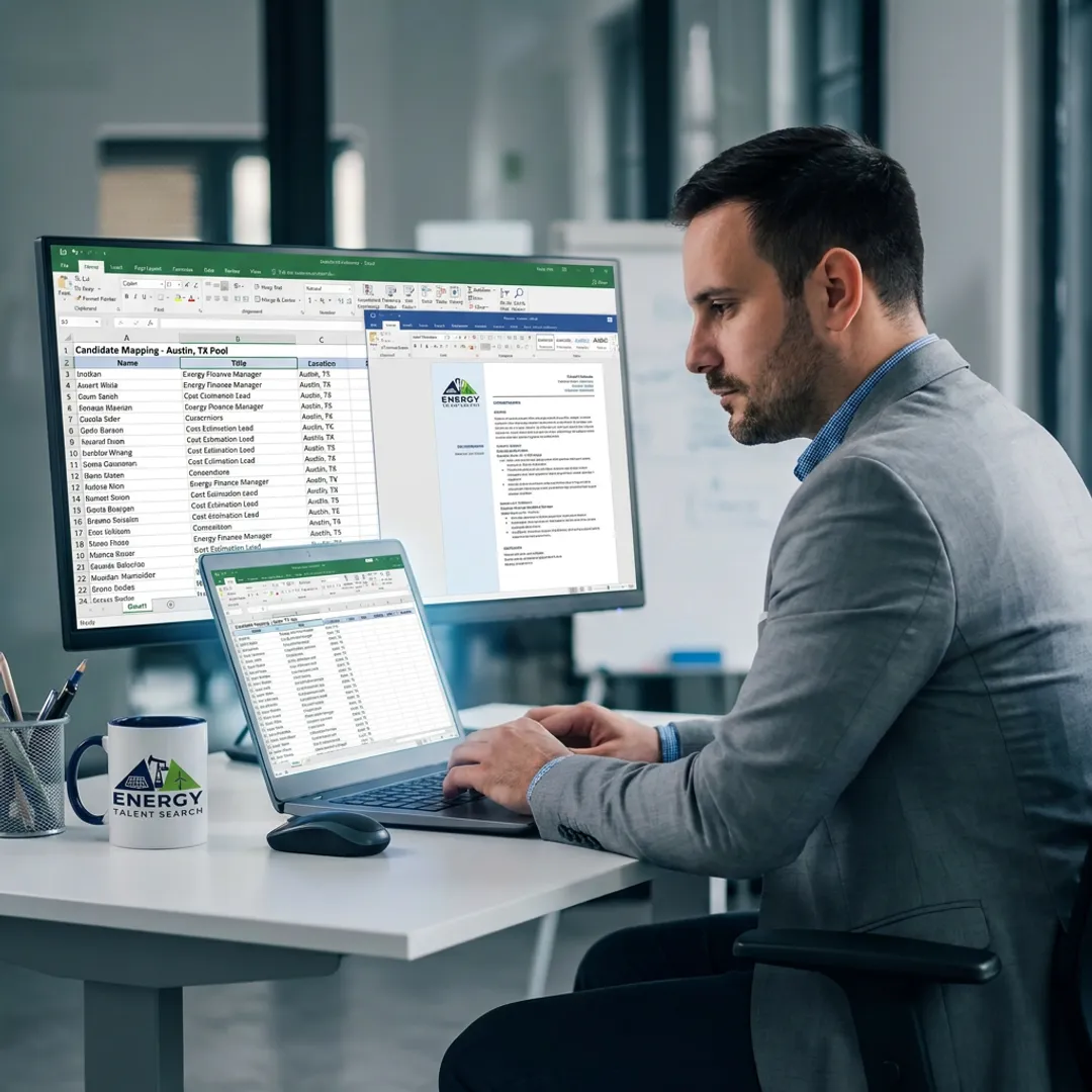 Recruiter reviewing candidate profiles for energy and finance hiring
