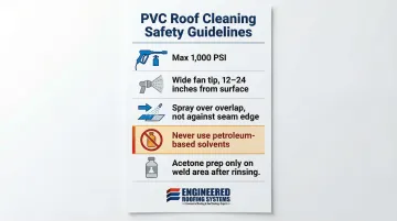 PVC roof cleaning safety guidelines pressure washer PSI and solvent restrictions