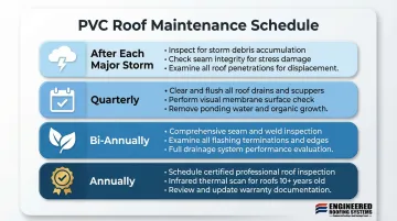 PVC roof maintenance schedule frequency chart from post-storm to annual inspection tasks