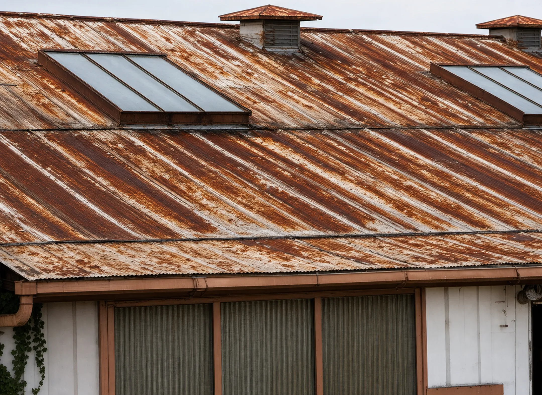 Rusted industrial metal roof panel showing corrosion damage from humidity
