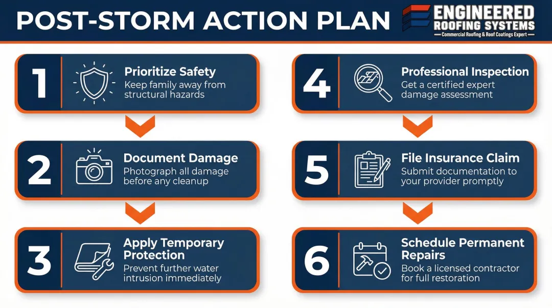 6-step commercial roof storm damage response action plan process flow infographic