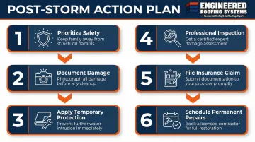 6-step commercial roof storm damage response action plan process flow infographic