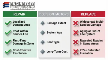 Commercial roof repair versus full replacement decision comparison chart with key factors