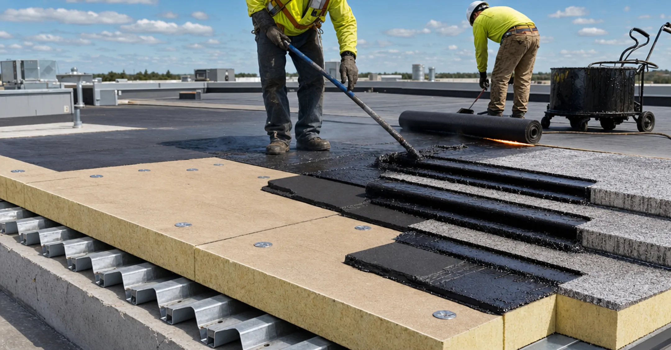 Built-up roofing layers of asphalt and fiberglass felt installation