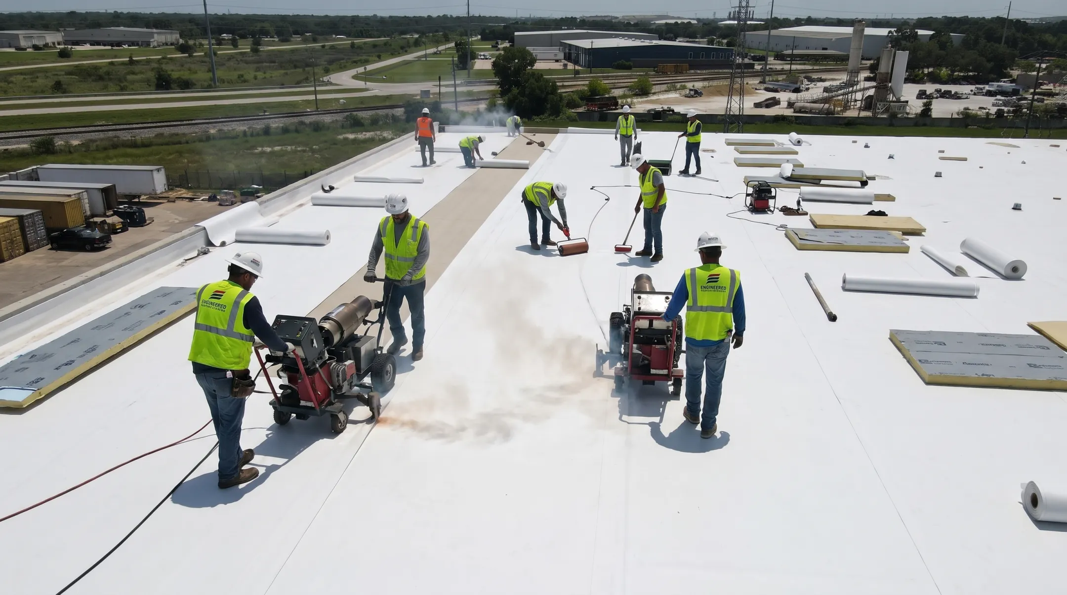 Engineered Roofing Systems crew installing TPO membrane on industrial roof
