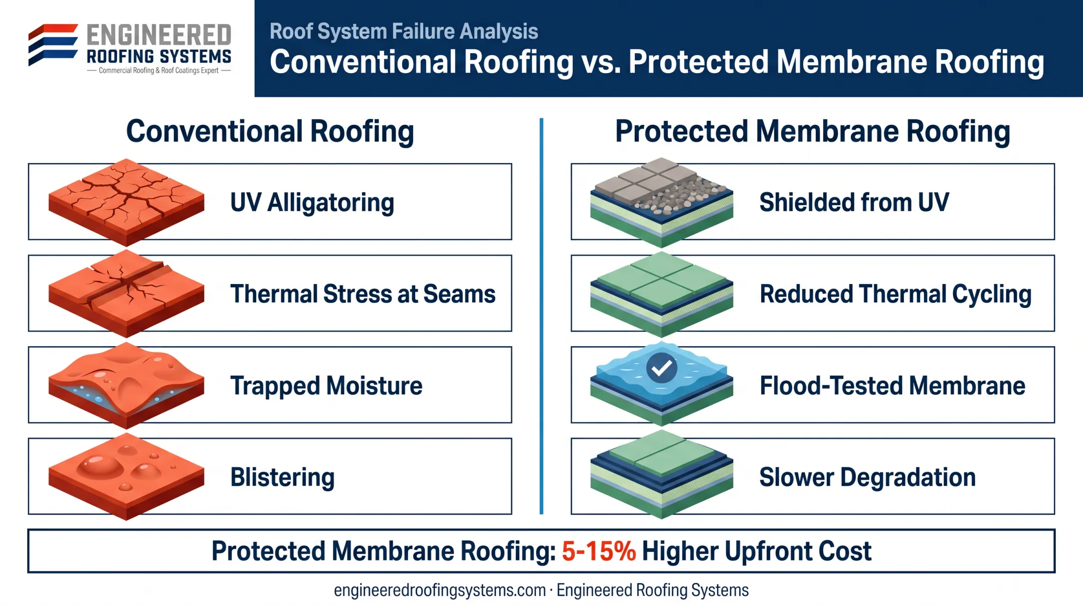 Conventional roofing versus protected membrane roofing failure points comparison