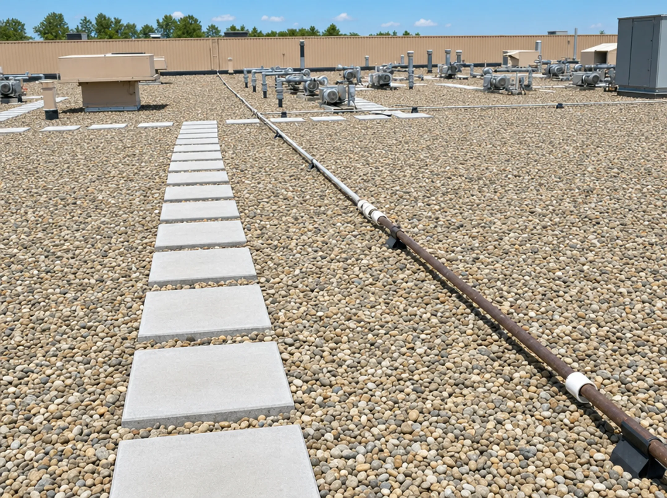 Industrial rooftop with ballast gravel and paver system installation