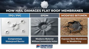 Hail damage comparison across TPO EPDM and modified bitumen flat roof membranes