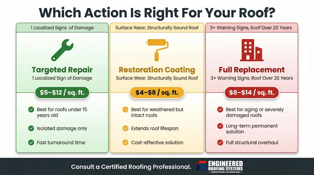 Commercial roof repair versus replacement versus coating cost comparison chart 2025