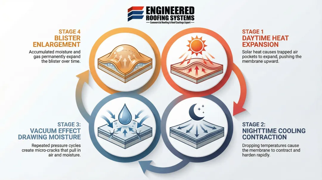4-stage commercial roof blister growth cycle heat expansion infographic