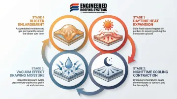 4-stage commercial roof blister growth cycle heat expansion infographic
