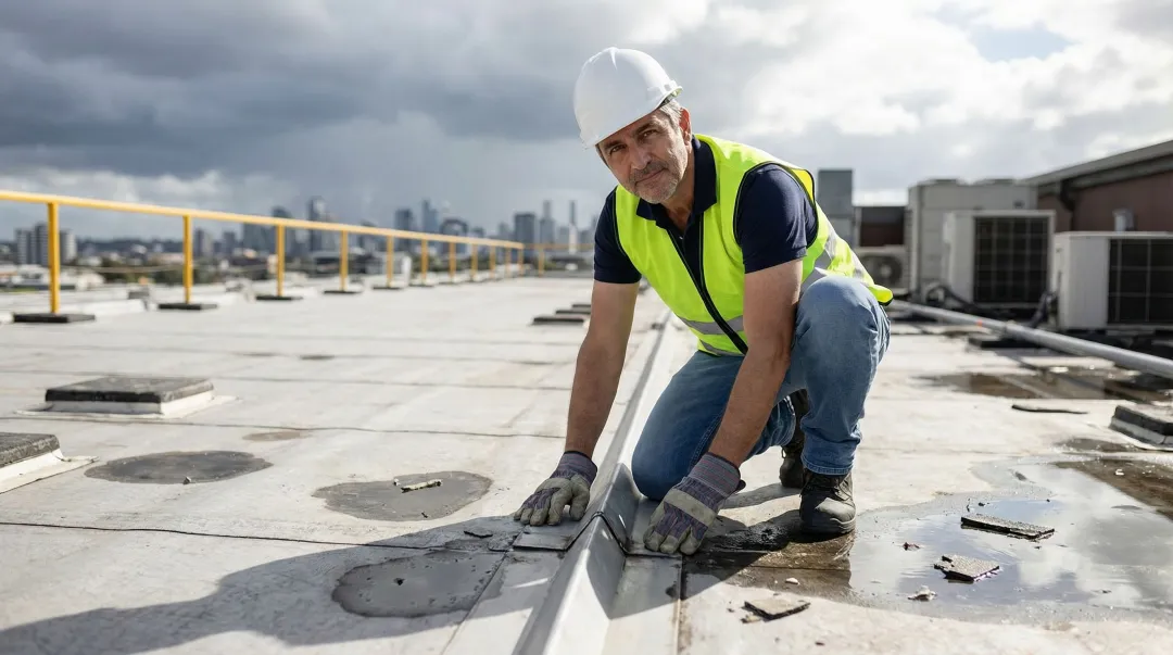 Professional roofing inspector examining commercial flat roof after hail storm damage