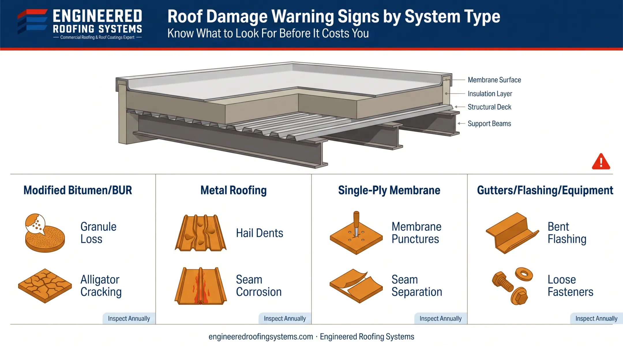 Hail damage signs comparison across roofing materials and rooftop equipment