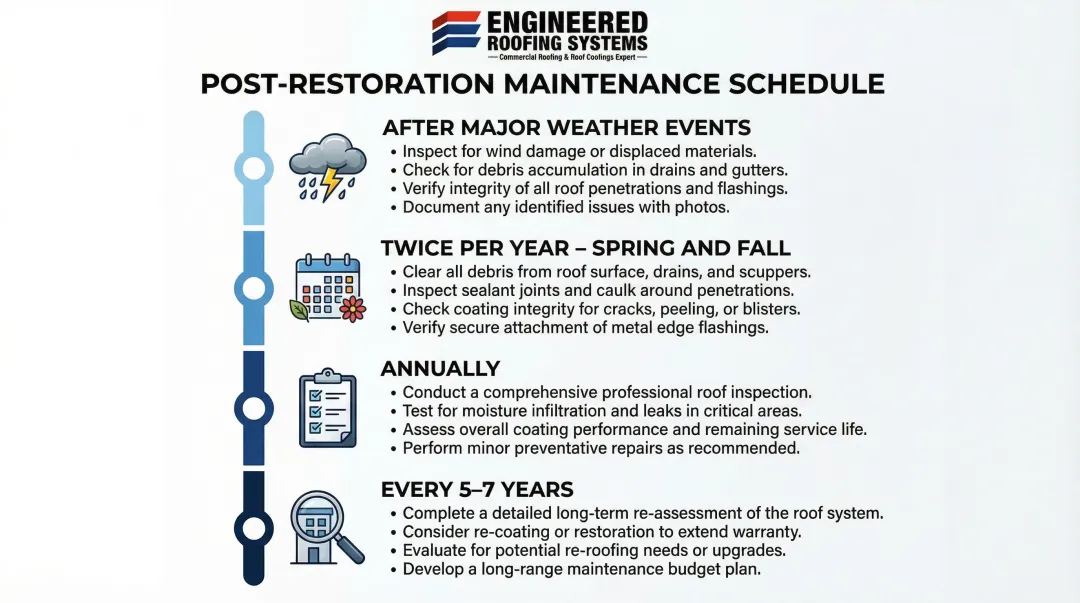 Industrial metal roof post-restoration maintenance schedule frequency guide infographic