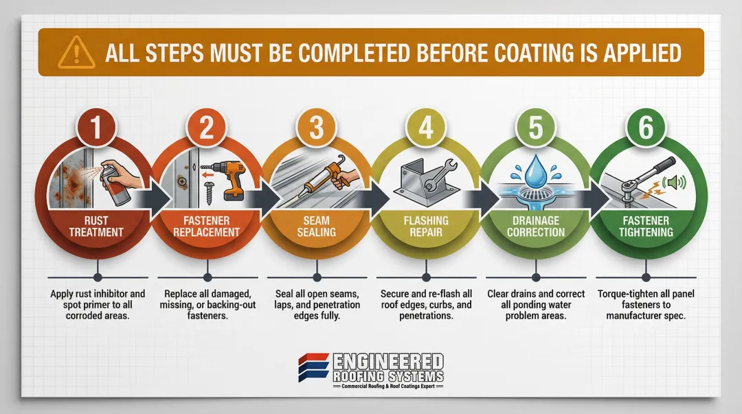 Six-step metal roof rust treatment seam sealing and structural repair process flow