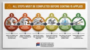 Six-step metal roof rust treatment seam sealing and structural repair process flow