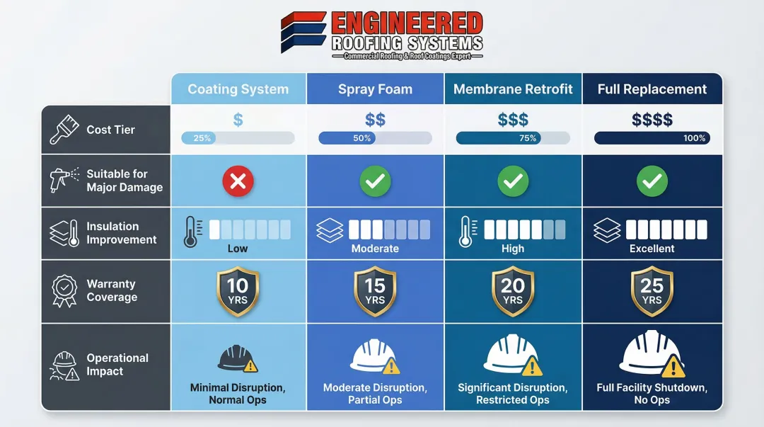 Industrial metal roof restoration options comparison chart four methods cost and warranty