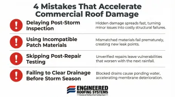 Four common commercial roof storm damage mistakes to avoid infographic