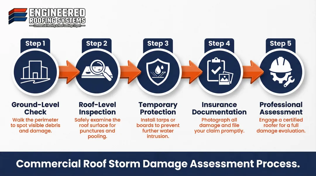 5-step commercial roof storm damage assessment process flow diagram