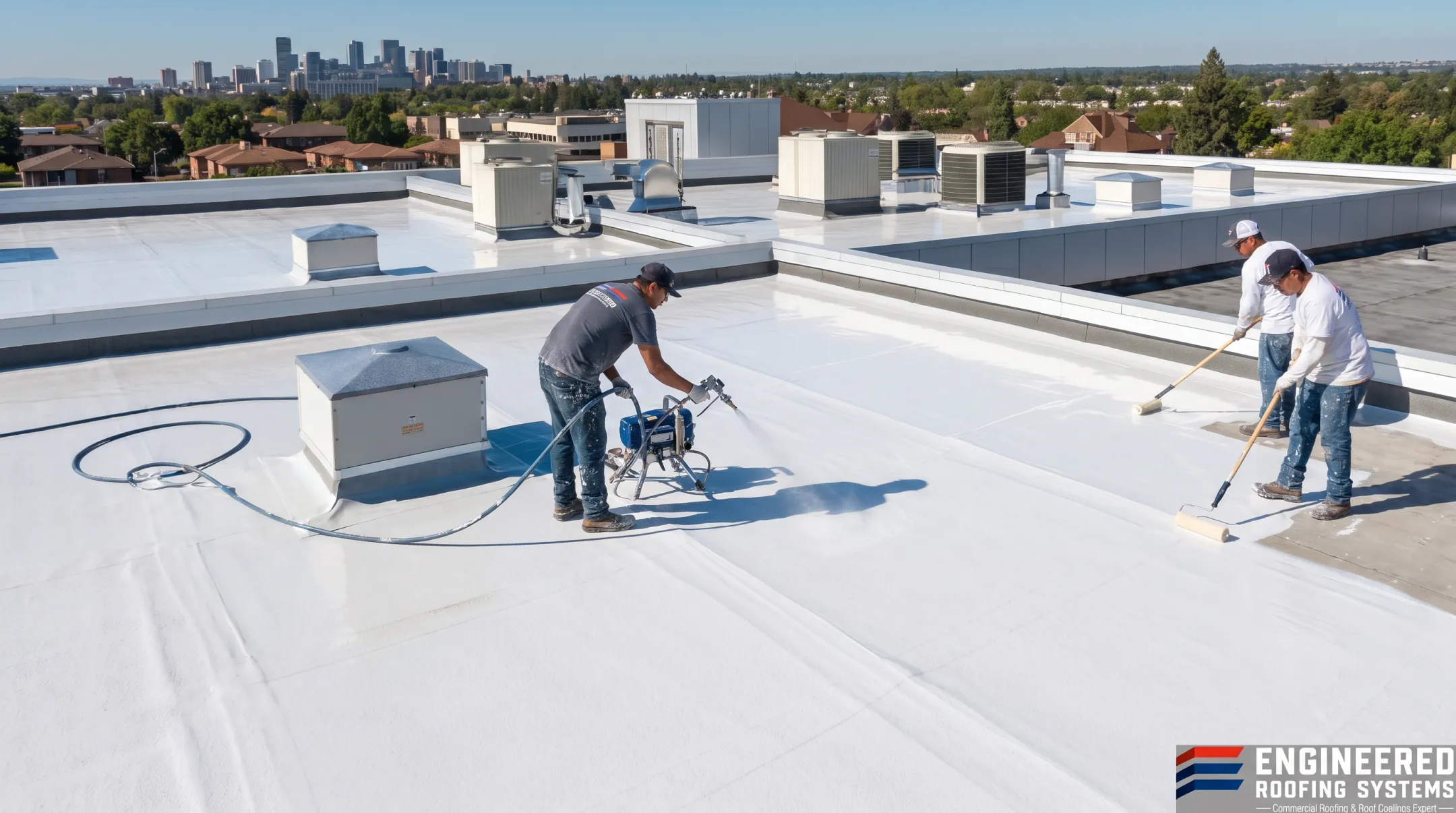Fluid-applied roof coating system being installed over existing commercial membrane