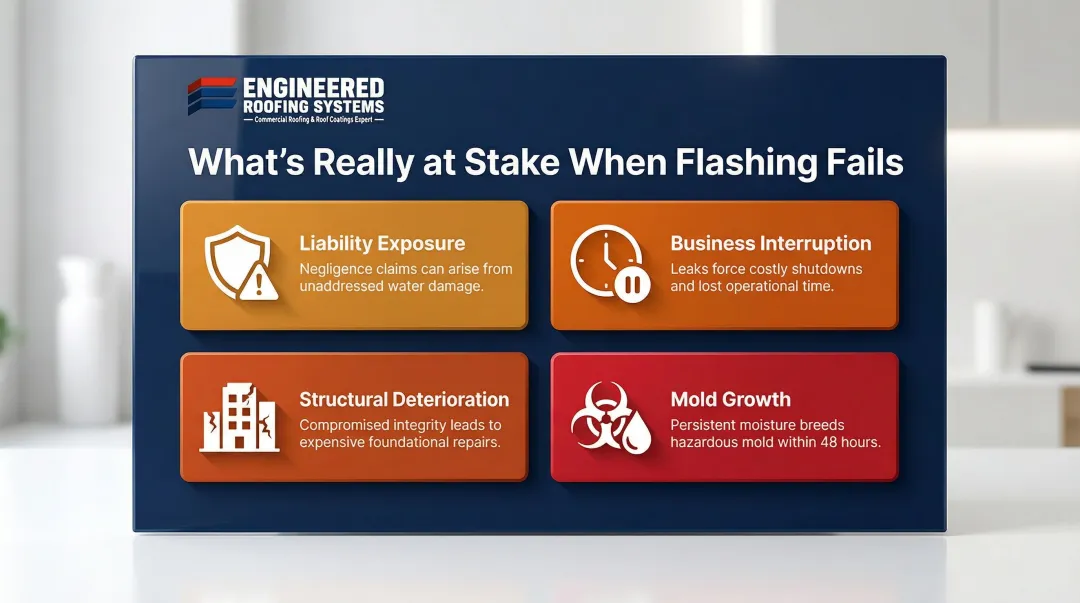 Four cascading business risks from commercial roof flashing failure infographic