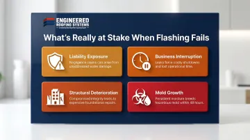 Four cascading business risks from commercial roof flashing failure infographic