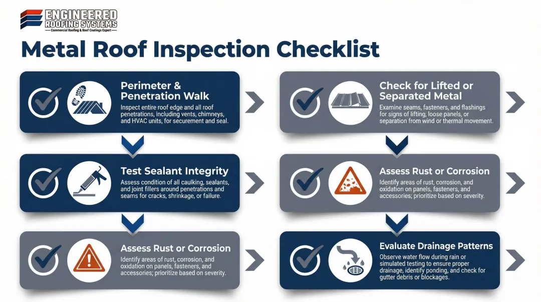 Five-step commercial roof flashing professional inspection checklist process flow
