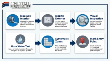 6-step fiberglass flat roof leak location process flow diagram