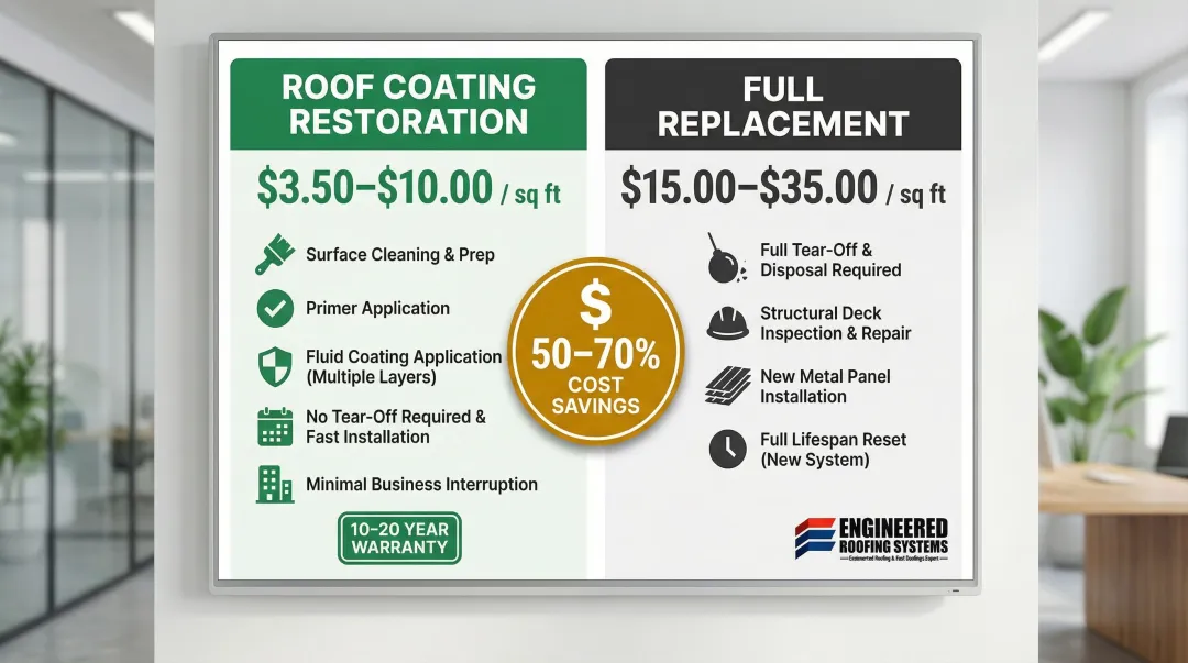 Fluid-applied roof coating versus full replacement cost comparison per square foot