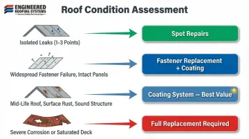 Commercial metal roof repair decision framework four condition scenarios flowchart