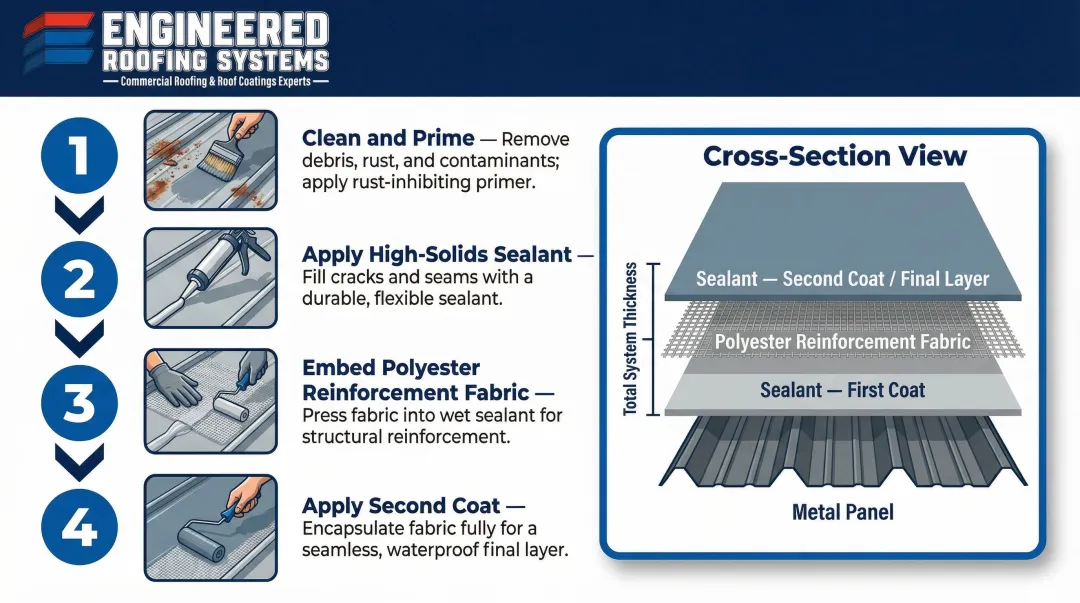 Three-course metal roof spot repair process step-by-step application method