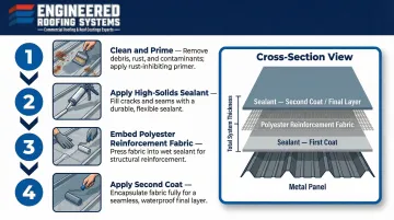Three-course metal roof spot repair process step-by-step application method