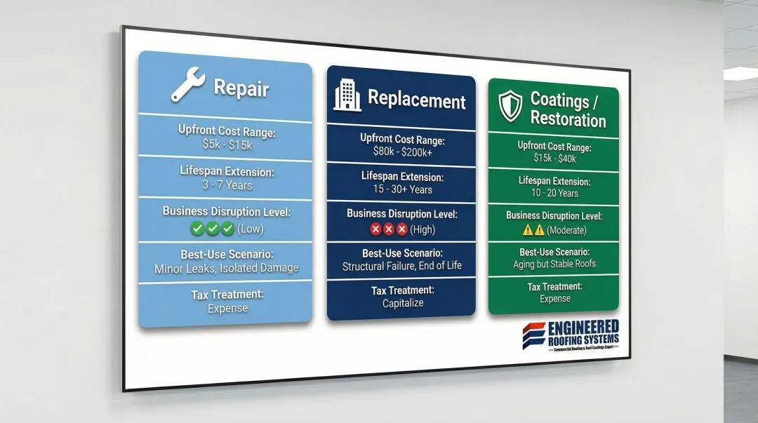 Repair versus replacement versus roof coating cost and lifespan comparison chart