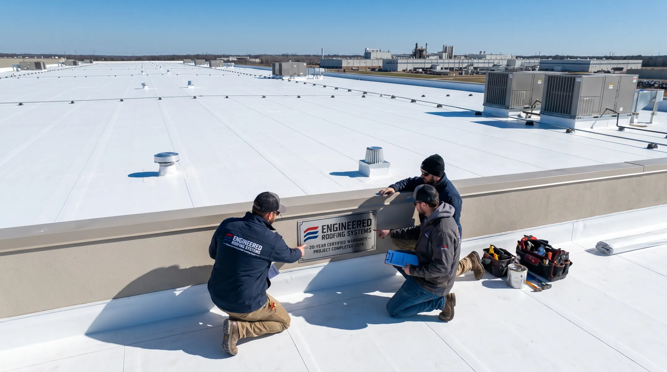 Certified commercial roof installation with manufacturer warranty compliance signage