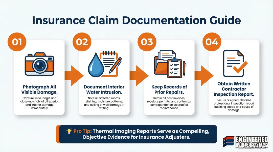 4-step commercial storm damage insurance documentation process flow infographic