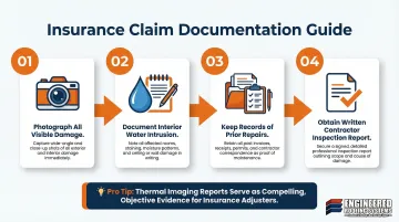 4-step commercial storm damage insurance documentation process flow infographic