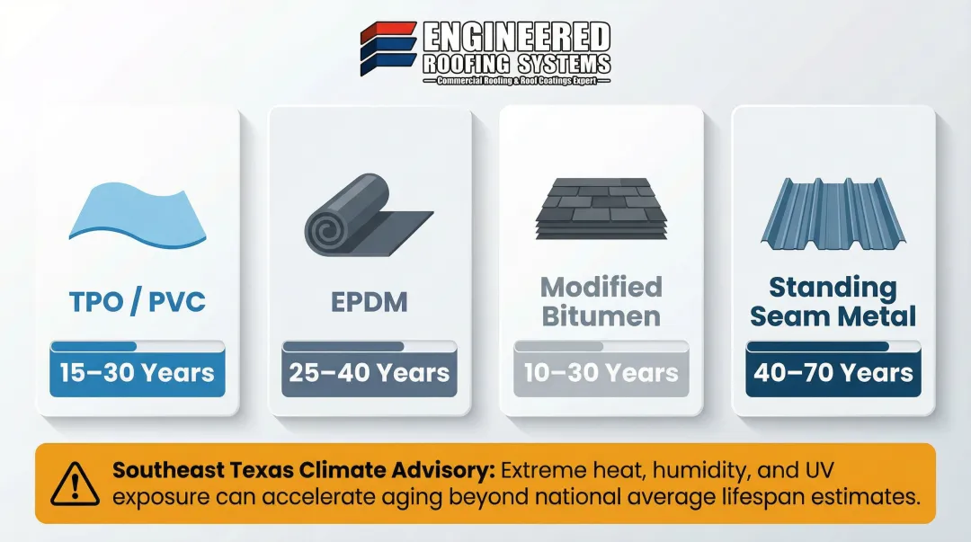 Commercial roofing material lifespan comparison chart TPO EPDM metal and modified bitumen