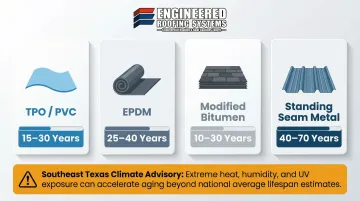Commercial roofing material lifespan comparison chart TPO EPDM metal and modified bitumen