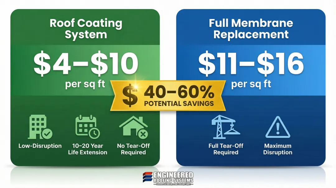Roof coating versus full replacement cost per square foot savings comparison infographic