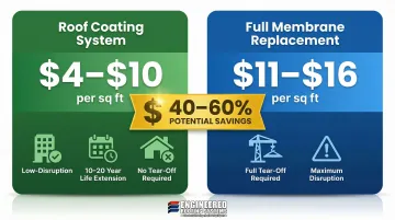 Roof coating versus full replacement cost per square foot savings comparison infographic