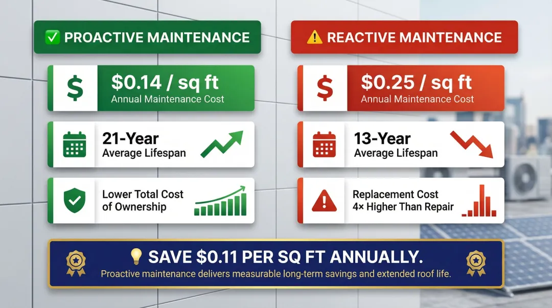 Proactive versus reactive commercial roof maintenance cost and lifespan comparison infographic