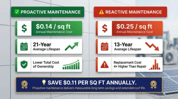 Proactive versus reactive commercial roof maintenance cost and lifespan comparison infographic