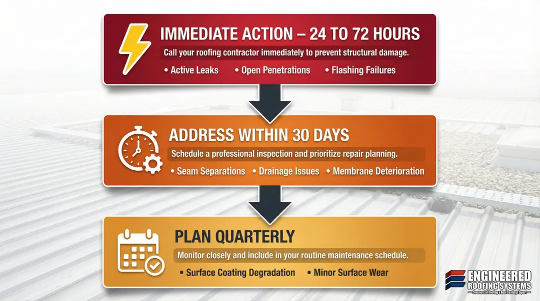 Three-tier commercial roof repair urgency prioritization system timeline infographic