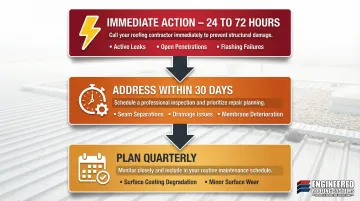 Three-tier commercial roof repair urgency prioritization system timeline infographic