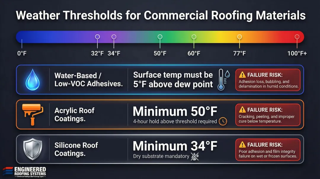 Commercial roofing material weather threshold temperature requirements comparison chart