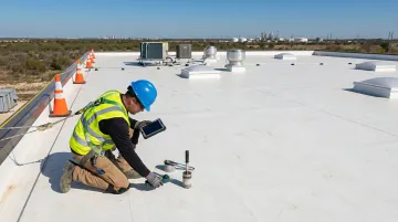 Industrial roof maintenance inspection being conducted on Southeast Texas commercial facility