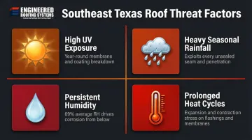Four Southeast Texas climate threats accelerating industrial roof wear infographic