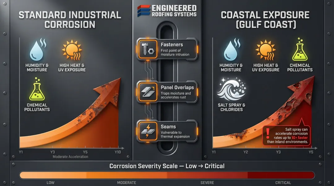 Industrial metal roof corrosion causes and coastal salt spray impact comparison infographic