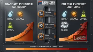 Industrial metal roof corrosion causes and coastal salt spray impact comparison infographic