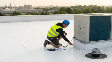 Commercial roof inspector documenting membrane condition seams and drainage on rooftop